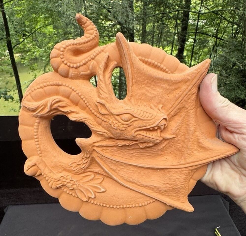 New Vtg Pottery Red Wear Scioto Mold Hanging Fantasy Flying Dragon Garden Decor